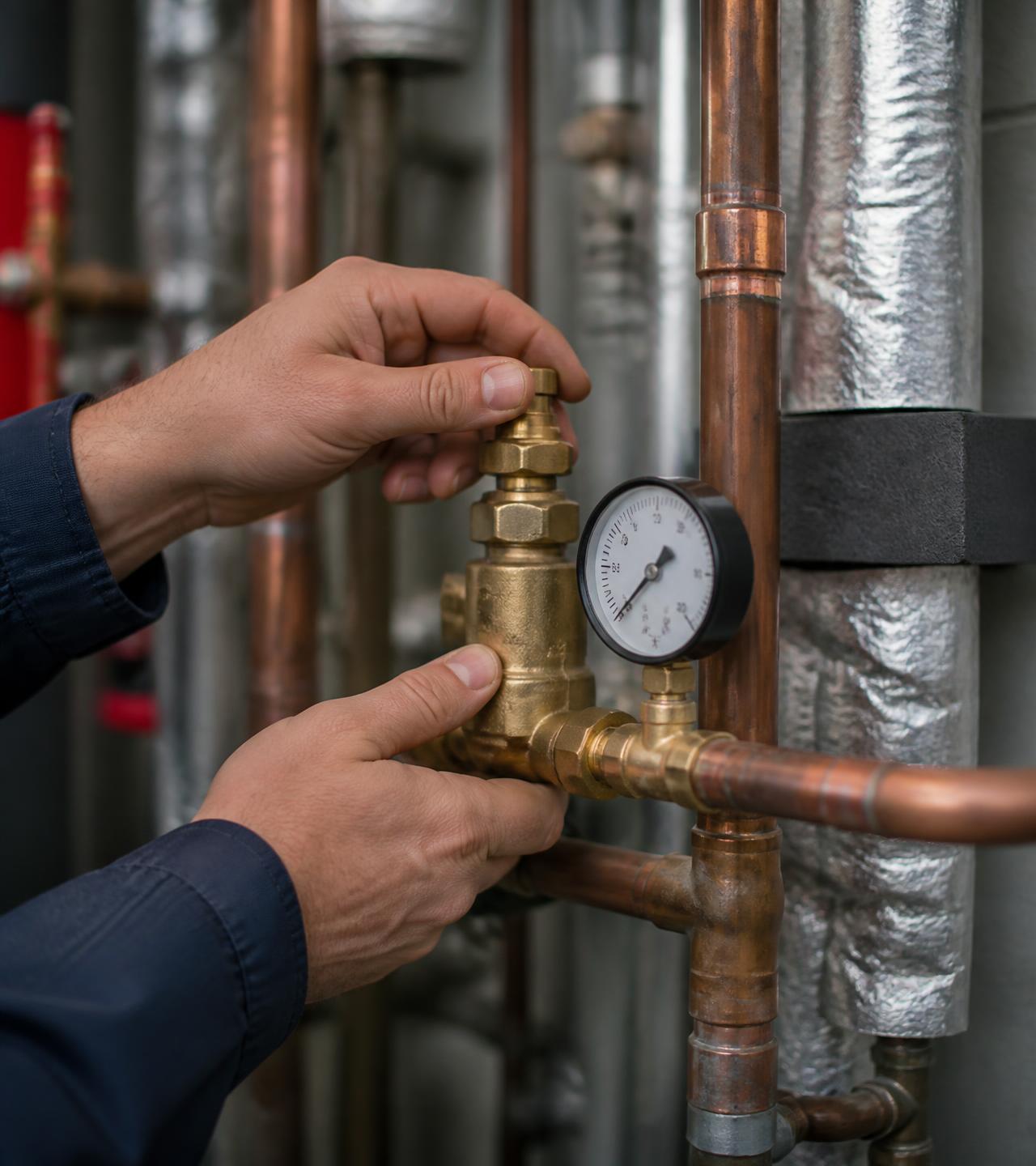 Engineer adjusting a brass valve and pressure gauge on copper heating pipework
