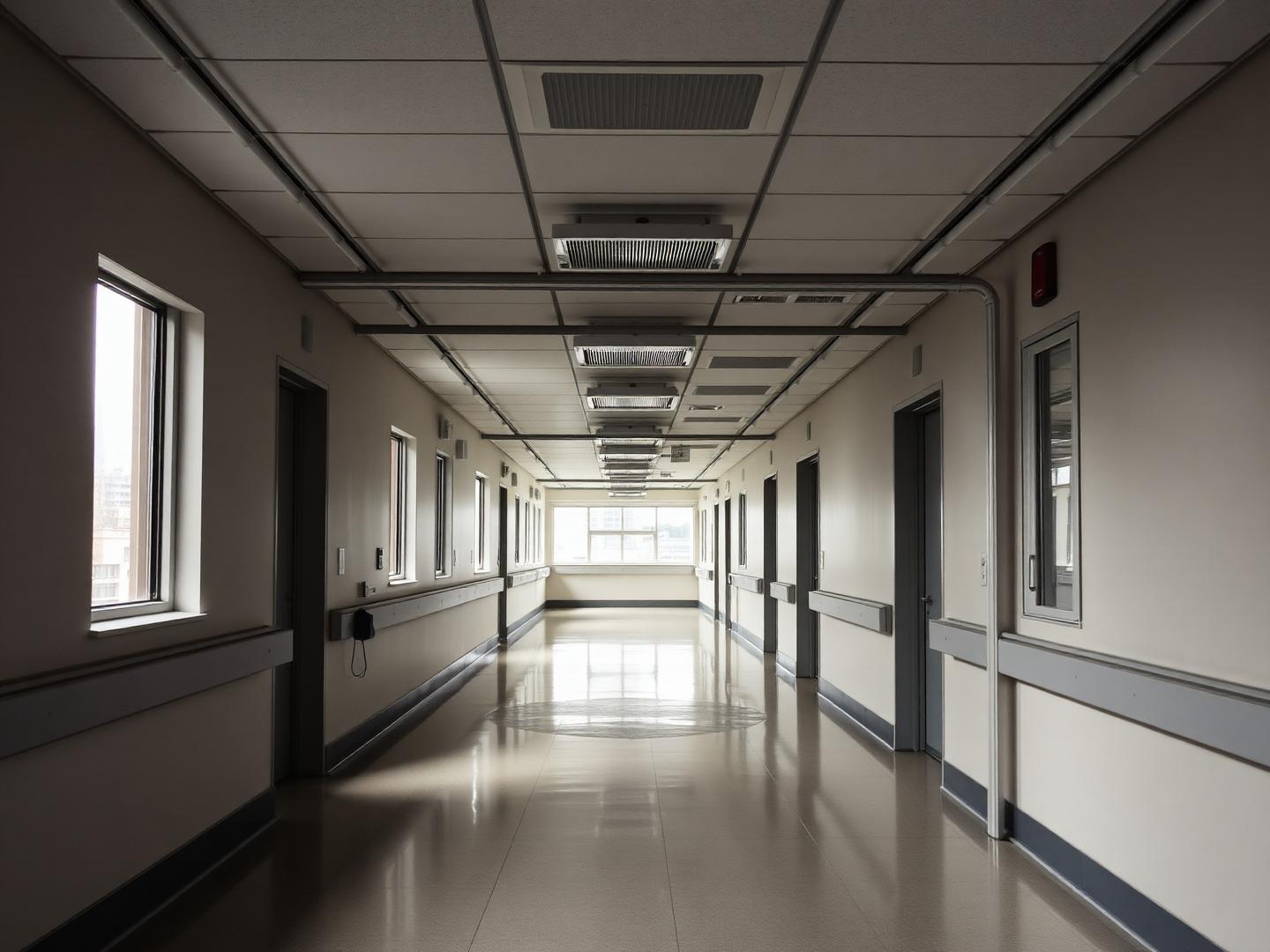 Quiet hospital corridor with exposed building services at ceiling level