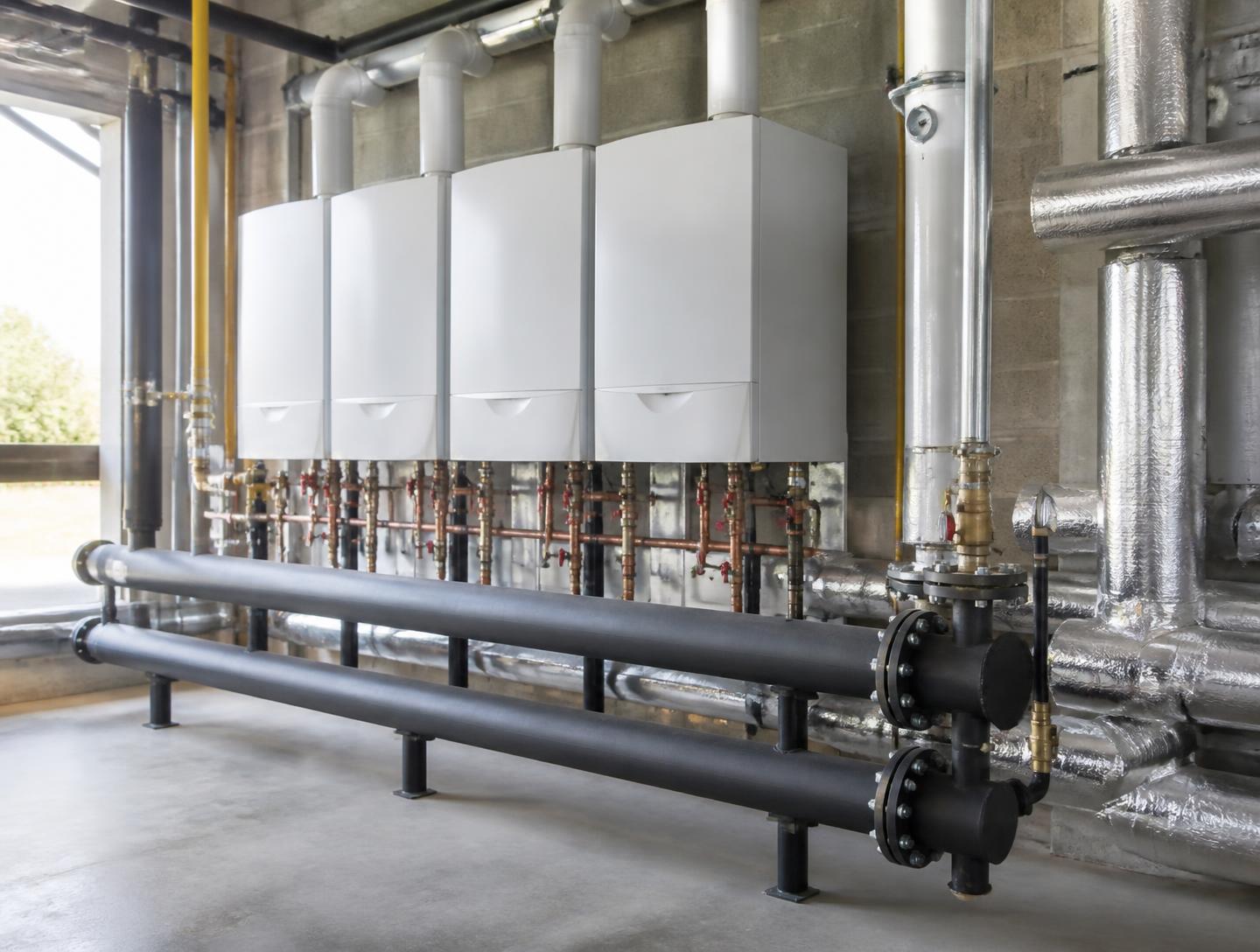 Commercial boiler cascade with steel headers in a plant room