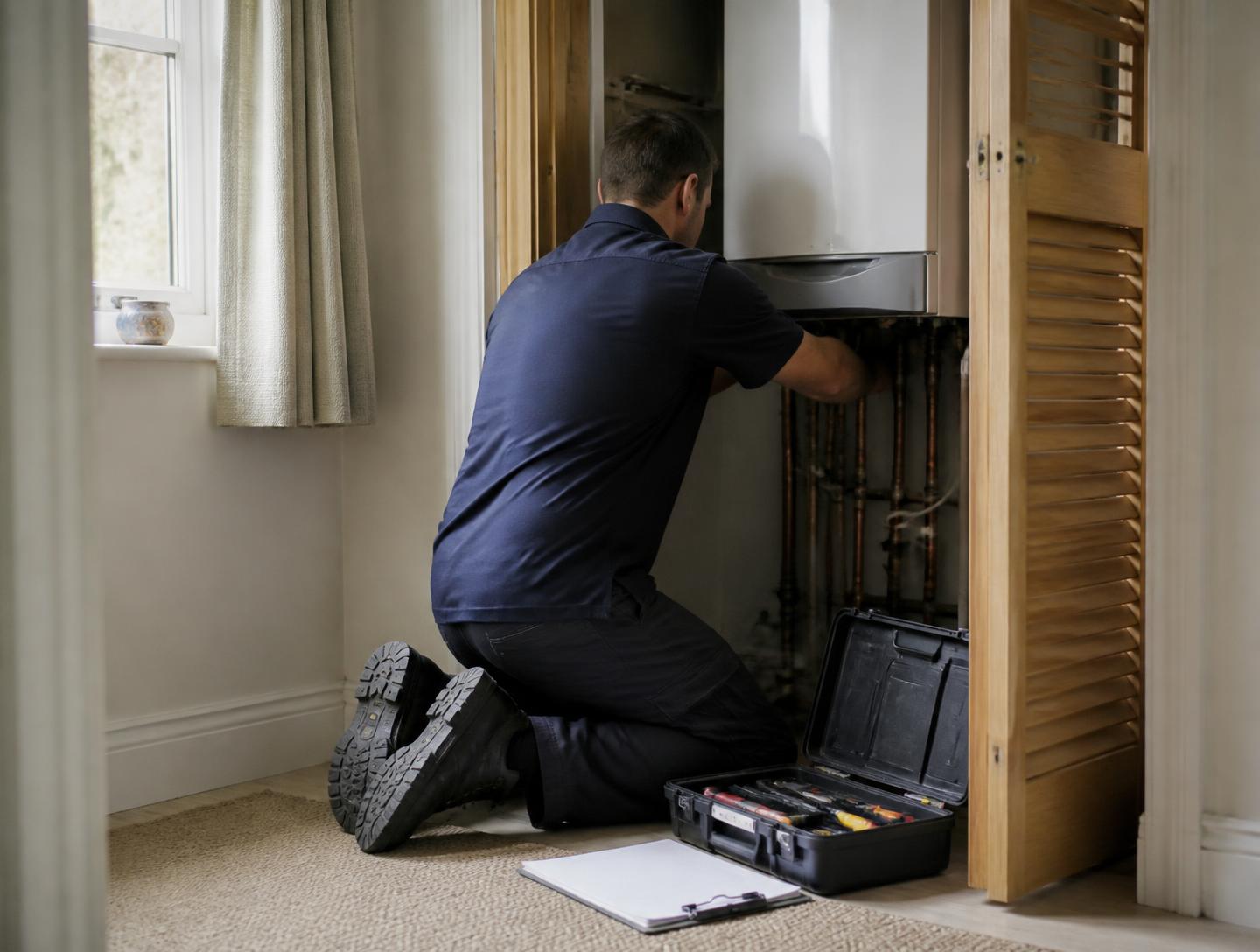 Engineer servicing a boiler inside an occupied residential property